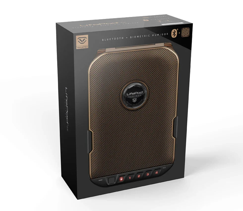 Bluetooth biometric humidor safe in retail packaging with gold mesh design
