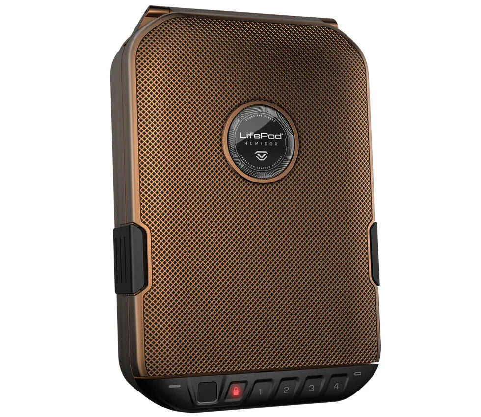 Compact biometric safe with copper finish and electronic keypad, mesh front design.