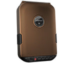 Compact biometric safe with copper finish and electronic keypad, mesh front design.