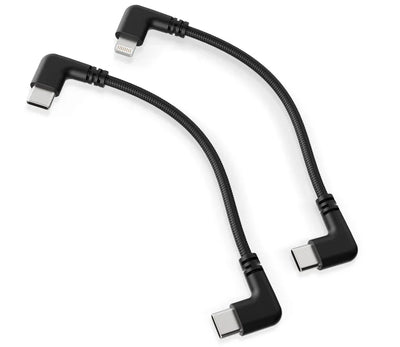 Two black right-angle USB-C to Lightning charging cables on white background