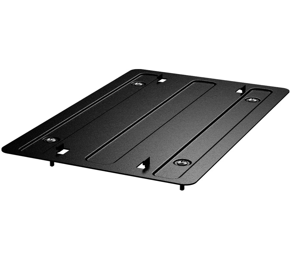 Black steel mounting plate for biometric home safe, features pre-drilled holes and screws.
