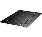 Black steel mounting plate for biometric home safe, features pre-drilled holes and screws.