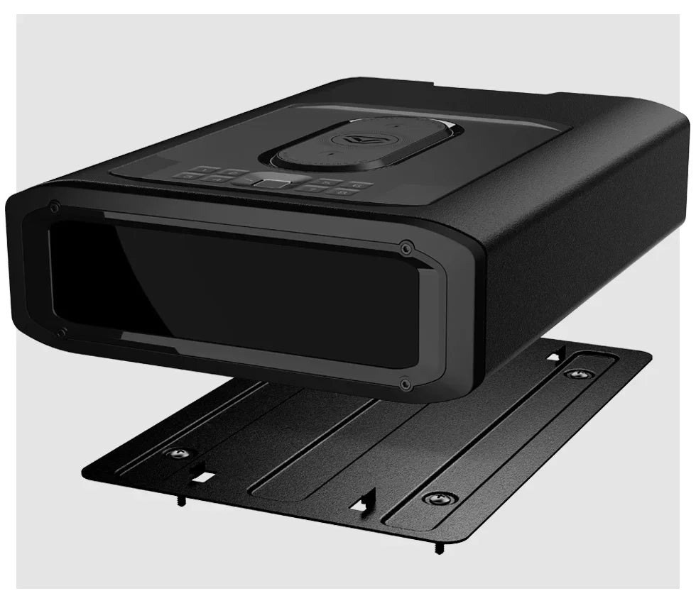 Black biometric safe with keypad and mounting plate on a light background