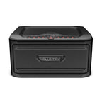 Black biometric security safe with keypad and rugged metal construction on white background.