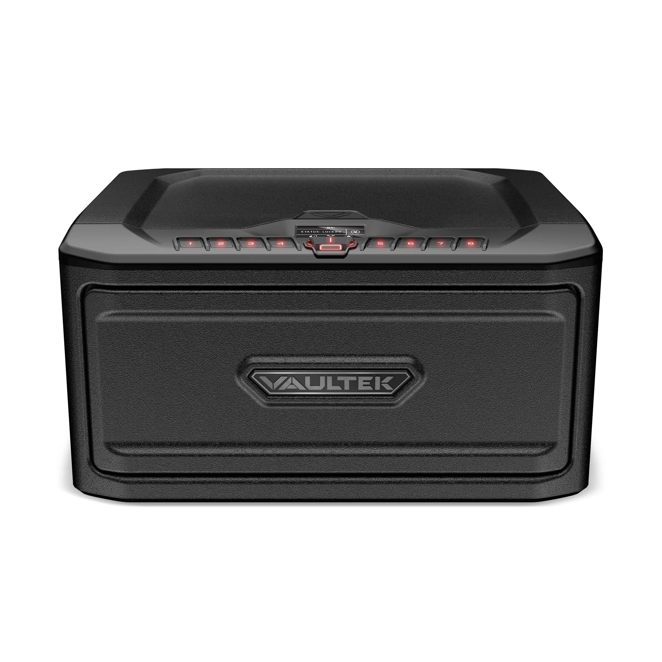 Black biometric security safe with keypad and rugged metal construction on white background.