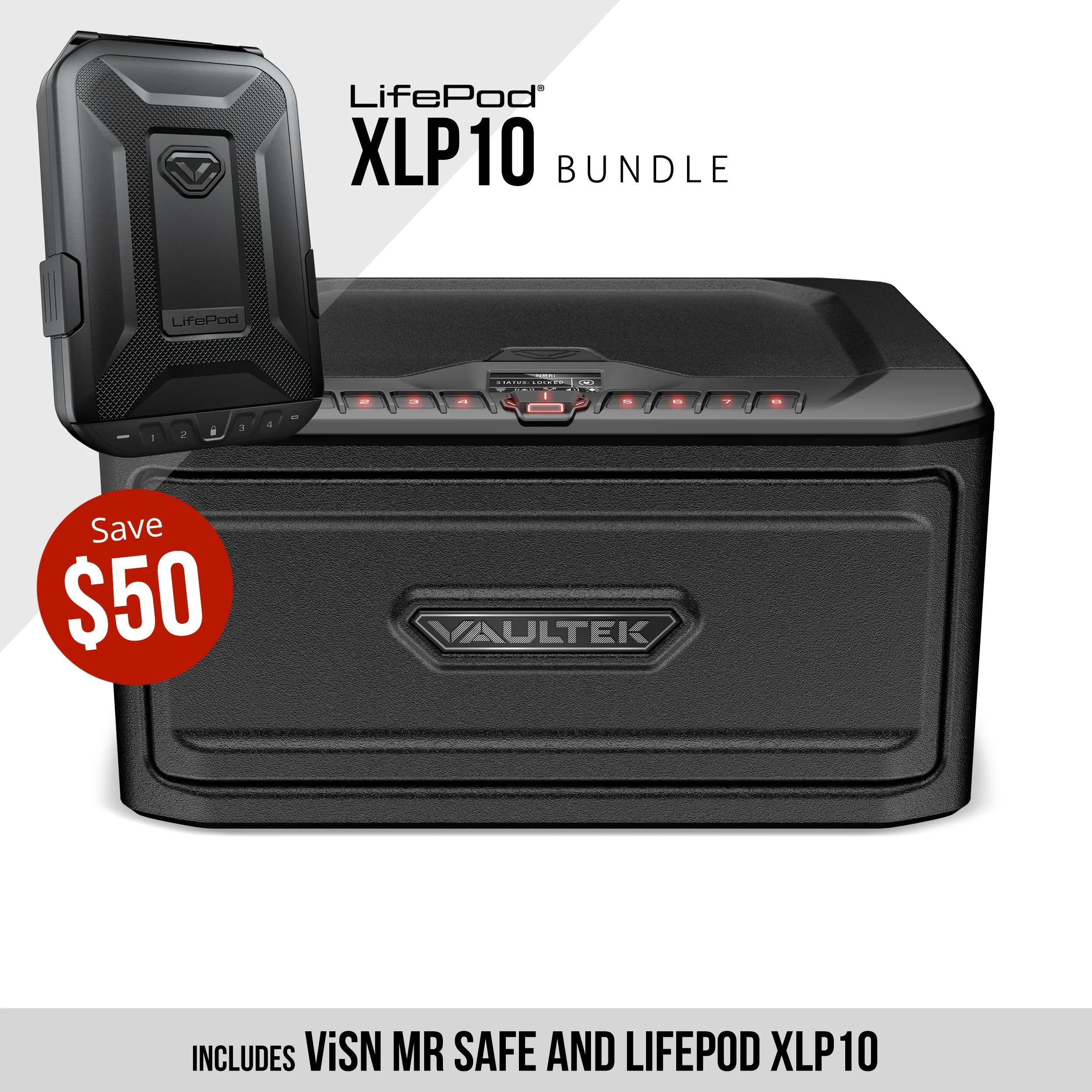Bundle of large biometric safe and compact travel lock box, promo save $50, both in black.