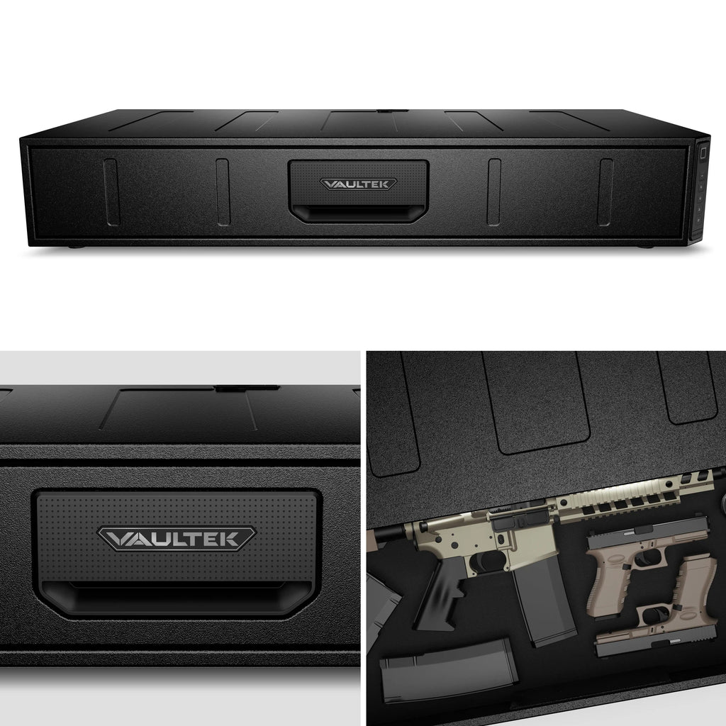 Low-profile black biometric gun safe with secure storage for pistols and rifle, close-up views