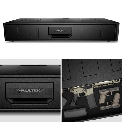 Low-profile black biometric gun safe with secure storage for pistols and rifle, close-up views