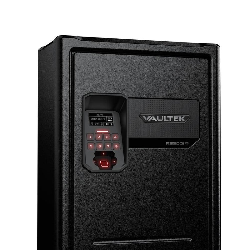 Large biometric safe with digital keypad, fingerprint scanner, and WiFi indicator on black body