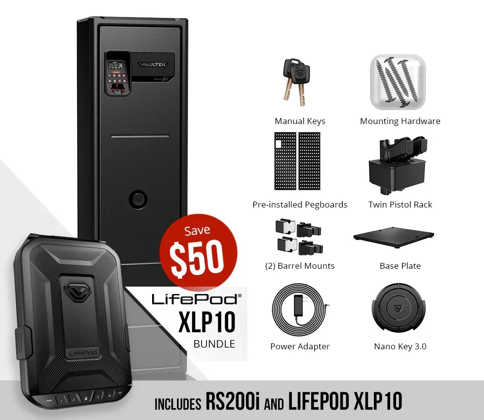 RS200i and LifePod XLP10 bundle showing biometric home safe, portable case, and included accessories.