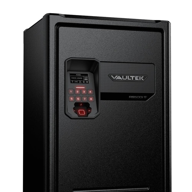 black biometric keypad safe with digital display and illuminated keypad