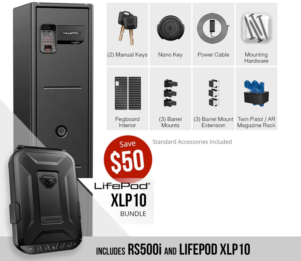 RS500i biometric safe and LifePod XLP10 bundle with keys, nano key, power cable, accessories