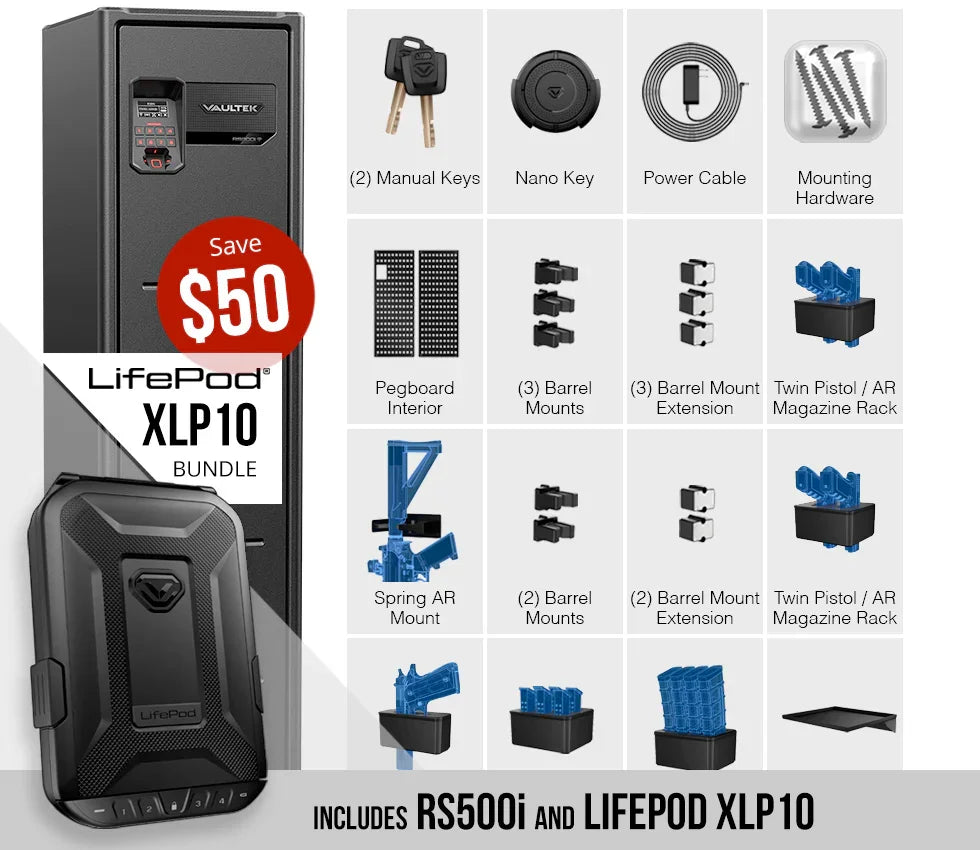 RS500i and LifePod XLP10 bundle showing biometric safe, portable case, keys, mounting hardware, magazine racks, and accessories.