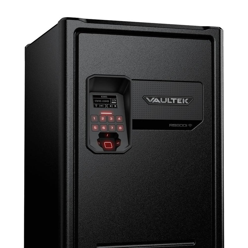 Large black safe with digital keypad, display screen, and biometric fingerprint scanner