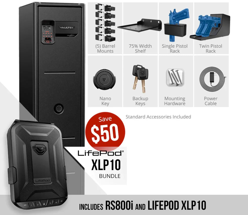 Biometric safe and portable case bundle with mounting gear, pistol racks, keys, and accessories.