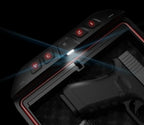 Open biometric safe with LED light, keypad, and handgun inside, on dark background.