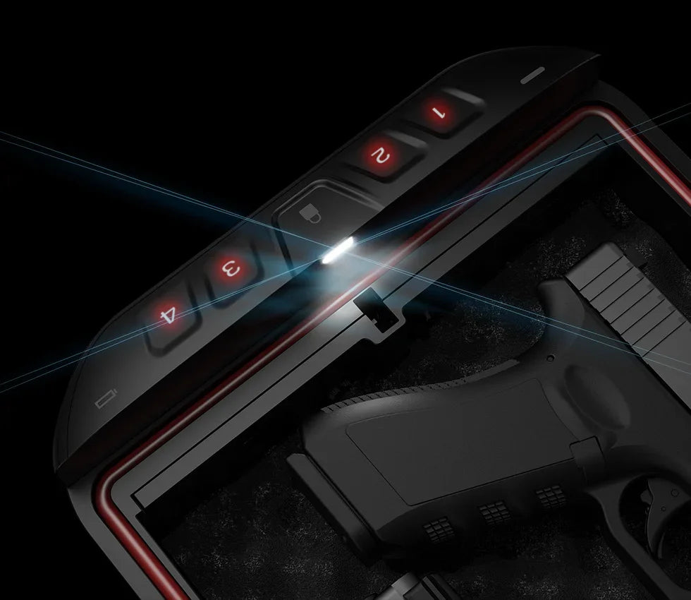 Open biometric safe with LED light, keypad, and handgun inside, on dark background.