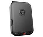 Textured black biometric safe with keypad, security lock indicator, and rugged design.