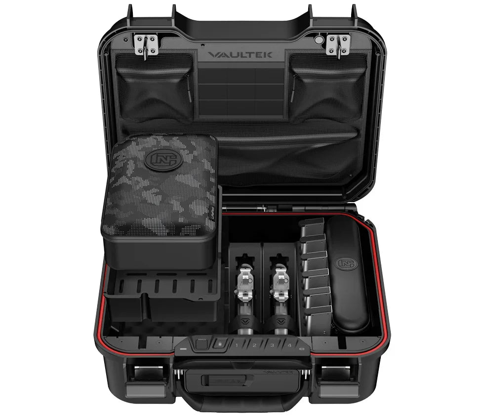 Open rugged biometric safe case with organized compartments and dual latch security system.
