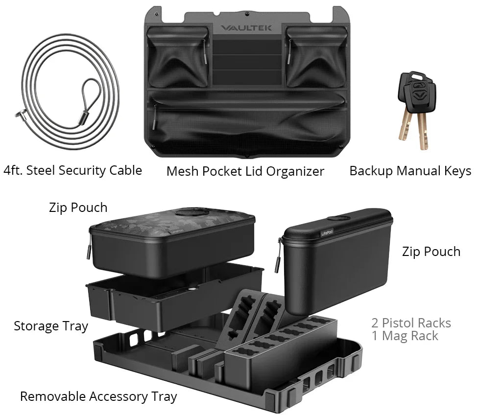 Safe accessory kit with steel security cable, mesh pocket lid organizer, backup manual keys, zip pouches, storage tray, removable tray, and pistol racks.