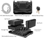Safe accessory kit with steel security cable, mesh pocket lid organizer, backup manual keys, zip pouches, storage tray, removable tray, and pistol racks.