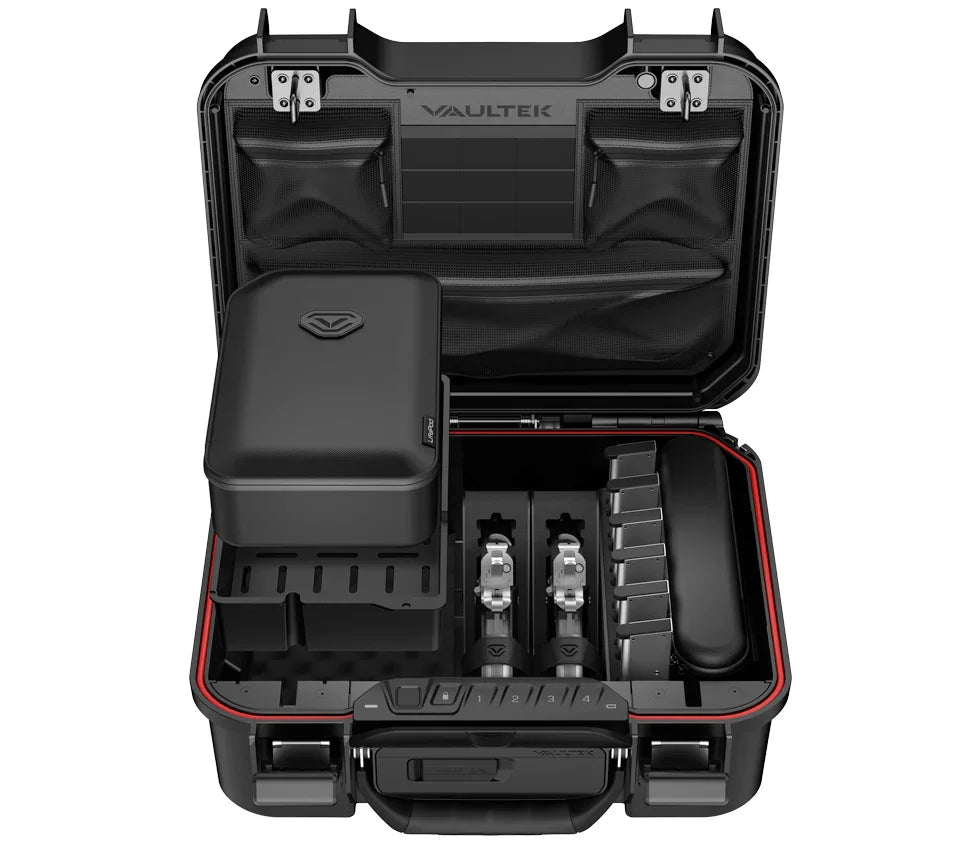 Open biometric travel safe case with organized compartments and secure storage features