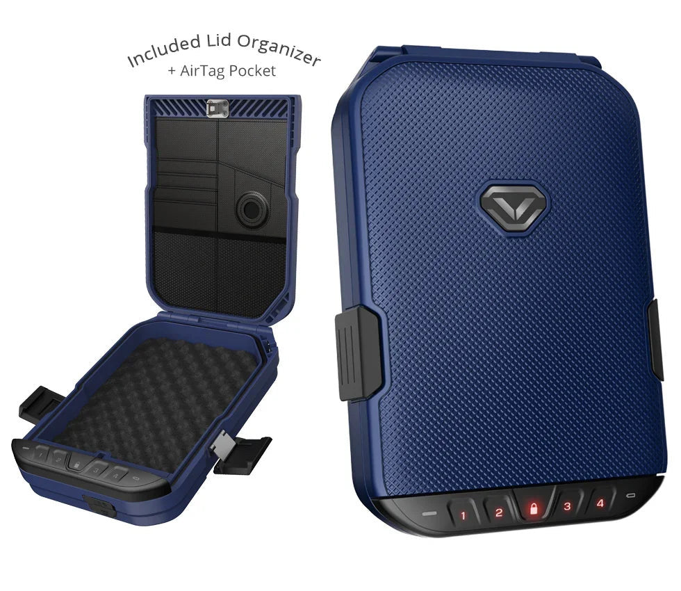 Dark Blue LifePod travel safe with keypad lock, closed view and open view showing lid organizer and foam interior.