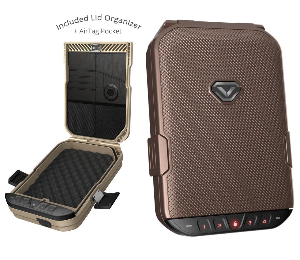 Rose Gold portable LifePod safe with keypad lock, closed view and open view showing lid organizer and foam interior.