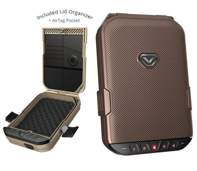 Rose Gold portable LifePod safe with keypad lock, closed view and open view showing lid organizer and foam interior.