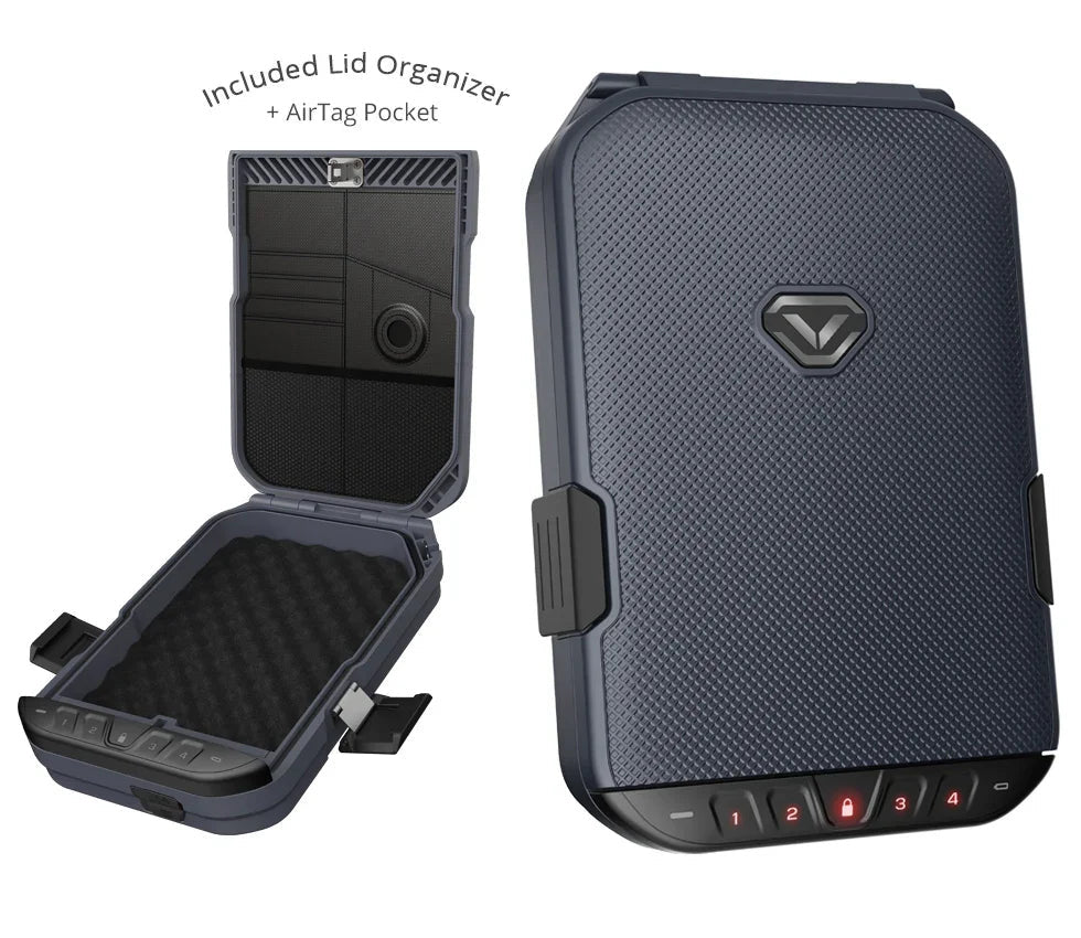 Titanium Gray portable LifePod travel case with keypad lock, closed view and open view showing lid organizer and foam interior.