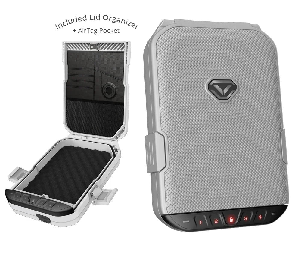 Alpine White portable LifePod safe with keypad lock, closed view and open view showing lid organizer and foam interior.