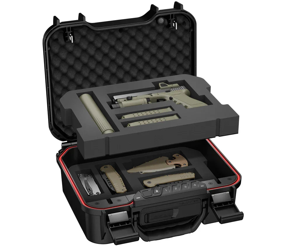 Open portable safe with foam inserts, storing a handgun, magazines, knife, and accessories.