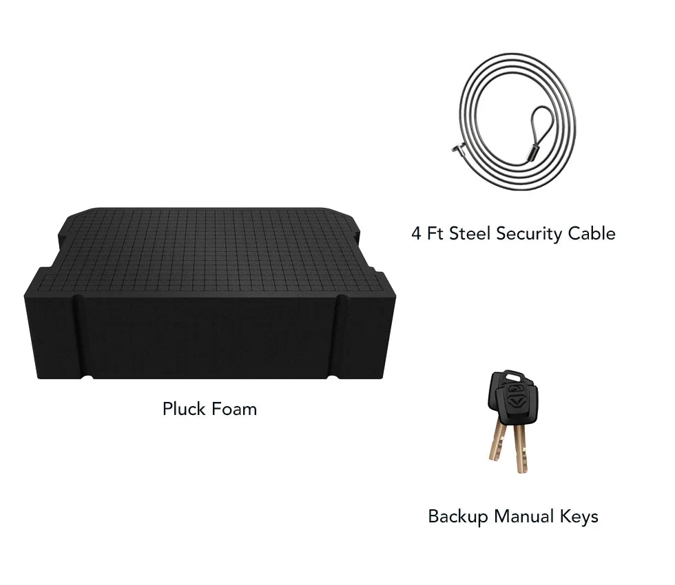 Pluck foam insert, steel security cable, and backup manual keys for safe accessories