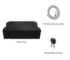 Pluck foam insert, steel security cable, and backup manual keys for safe accessories