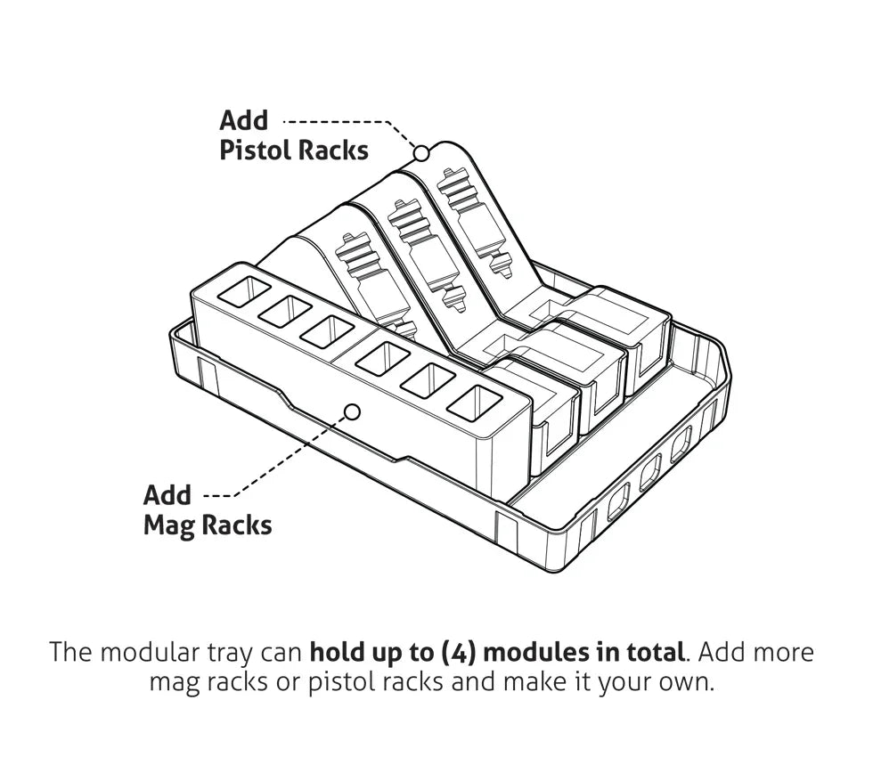 Modular tray for safe with slots for pistol racks and mag racks, holds up to four modules.