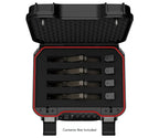 Open black protective safe with foam interior and storage slots for four compact items