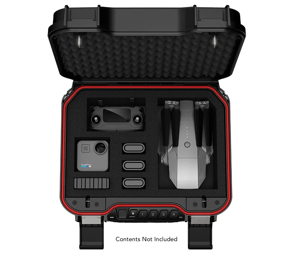 Protective safe case with foam interior holding a drone, action camera, and accessories.