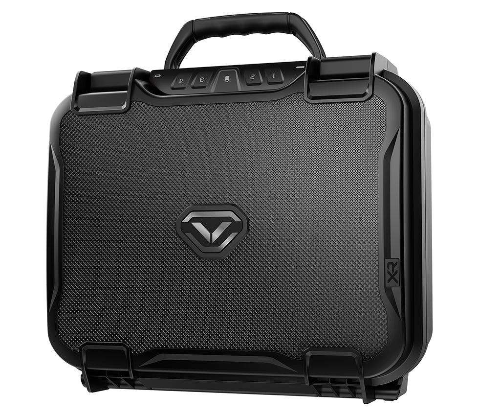 Black portable biometric safe with textured surface, carry handle, and keypad on top.