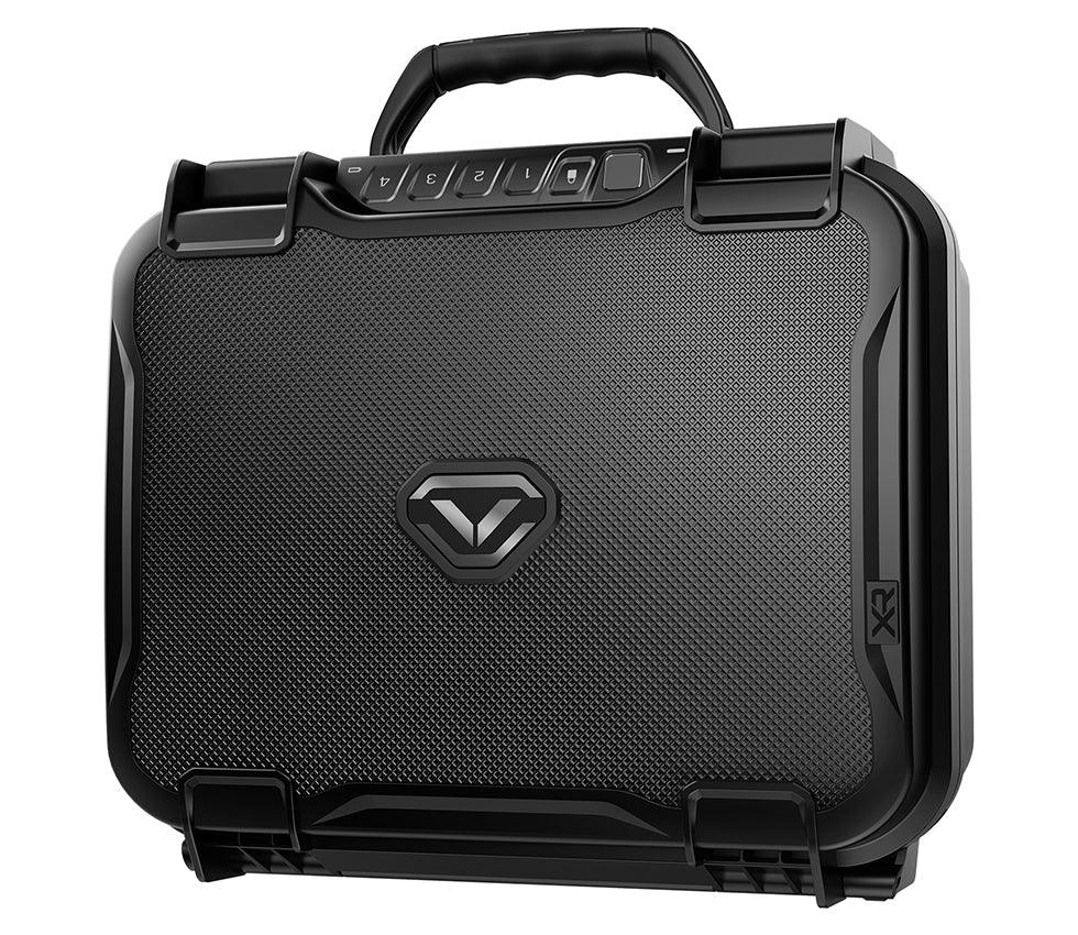 Black biometric portable safe with keypad and textured exterior, featuring rugged construction