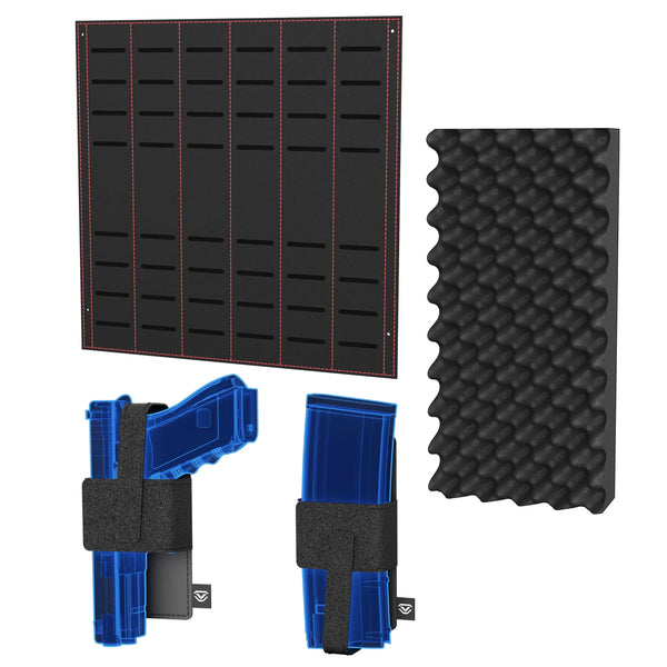 Safe organizer accessory kit with black foam, slotted panel, and holders for storage