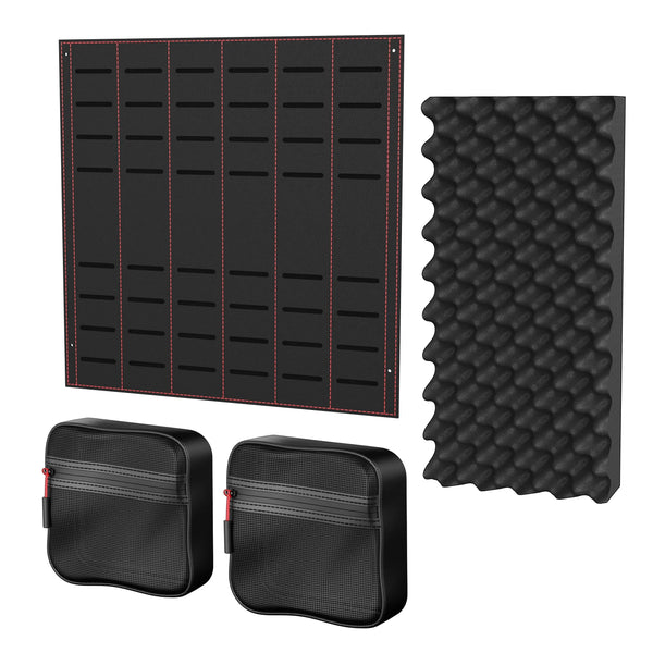 Safe organizer kit with panel, foam padding, and two black zippered pouches