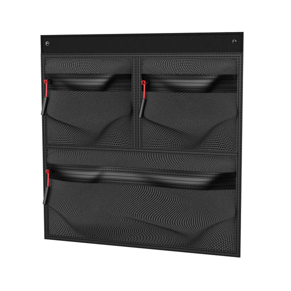 Black safe organizer panel with three mesh zippered pockets and red zipper pulls
