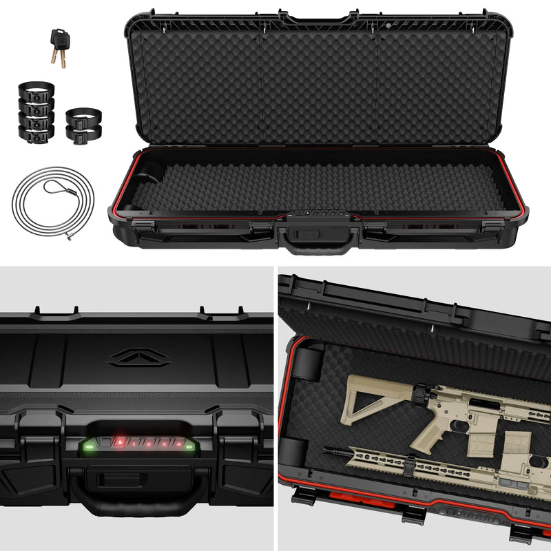 Rugged gun case with foam interior, secure lock, cable, straps, and tactical rifle inside