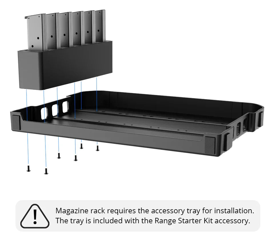 Magazine rack being installed on black accessory tray, hardware and mounting instructions visible.