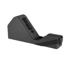 Black foam protective handgun display stand with modern, angular design on white background