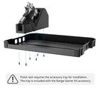 Pistol rack and accessory tray assembly with screws, ideal for firearm safe organization.