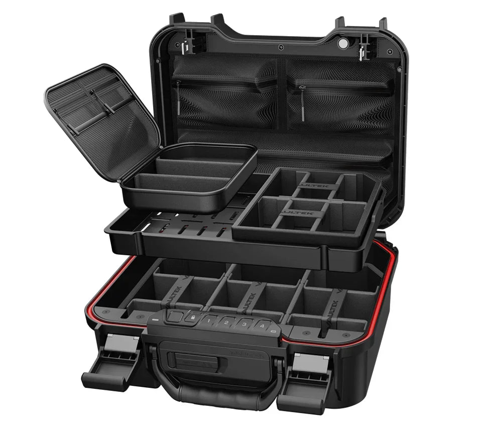 Open portable safe box with multi-level compartments and customizable foam dividers