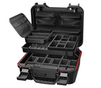 Open portable safe box with multi-level compartments and customizable foam dividers