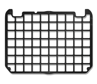 Black metal grid organizer panel for safe interior customization, mounting hardware visible