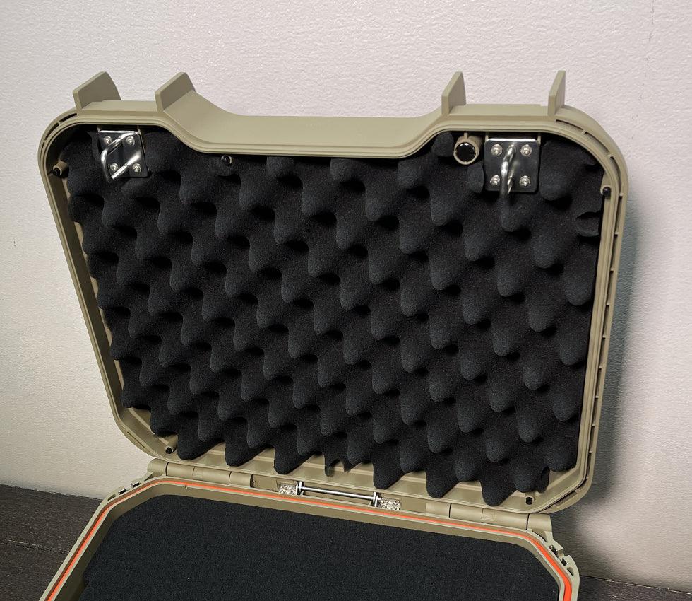 Open protective case with foam interior, secure latches, and weather-resistant seal.